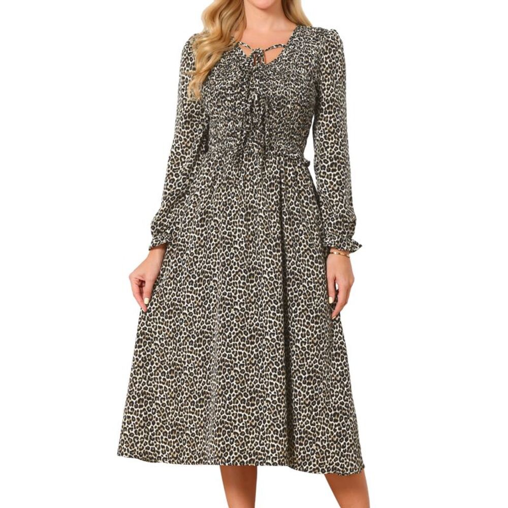 Women's Leopard Print Dress Long Sleeve Smoked Flowy Midi Dress w Pocket Apricot